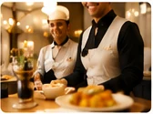 Restaurant hospitality team serving guests