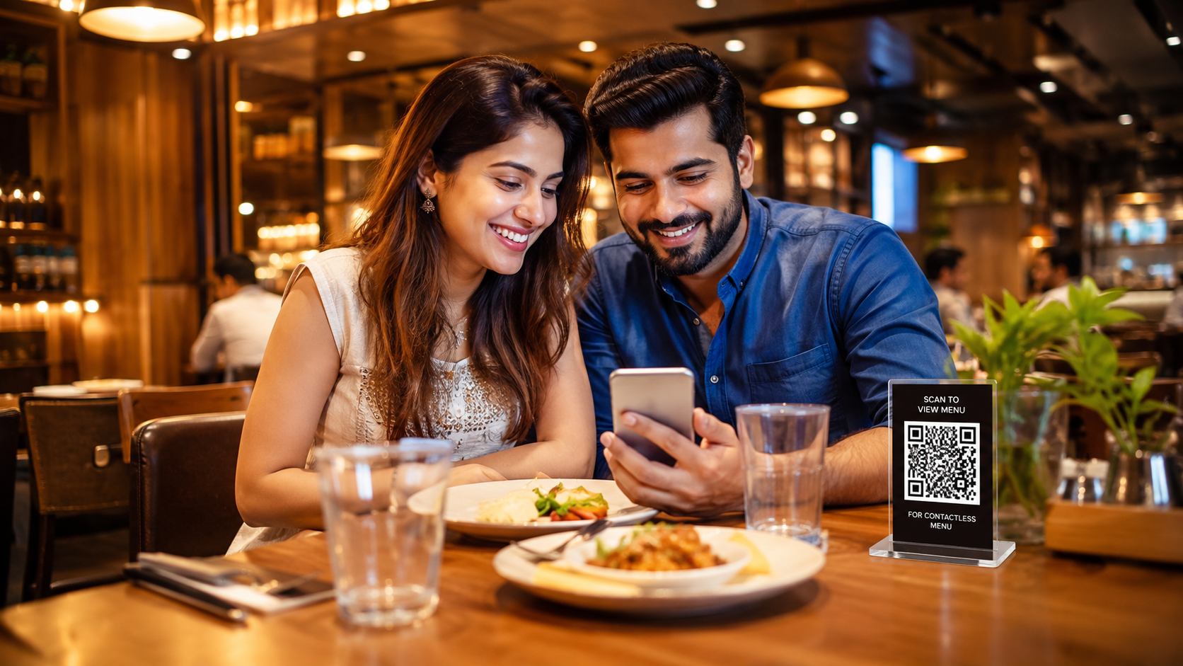 Restaurant guest scanning QR code on smartphone for digital menu ordering with FluuexQR platform.