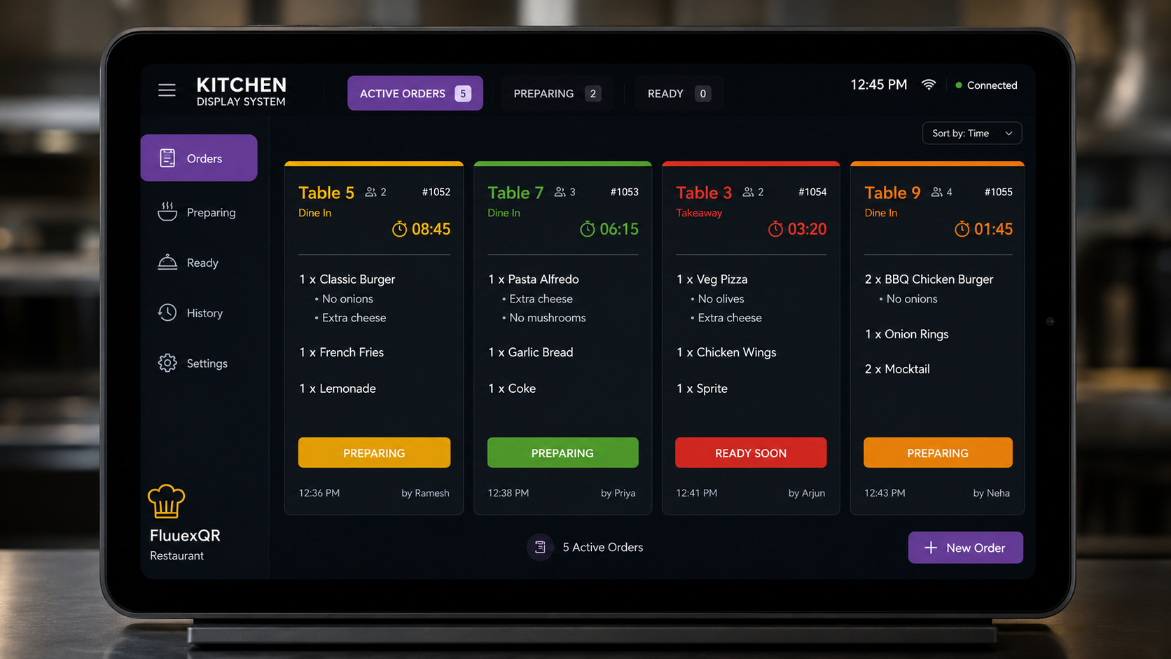 Tablet mockup of kitchen display system showing real-time restaurant orders with table numbers, food items, and modifiers like no onions and extra cheese.